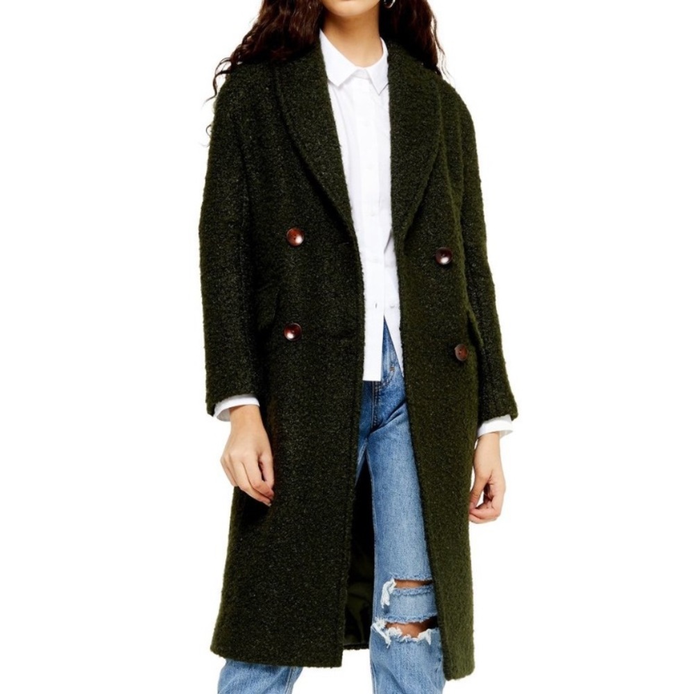 Women's Topshop Kim Boucle Coat Double Breasted Buttons, Size Medium - Green NWT